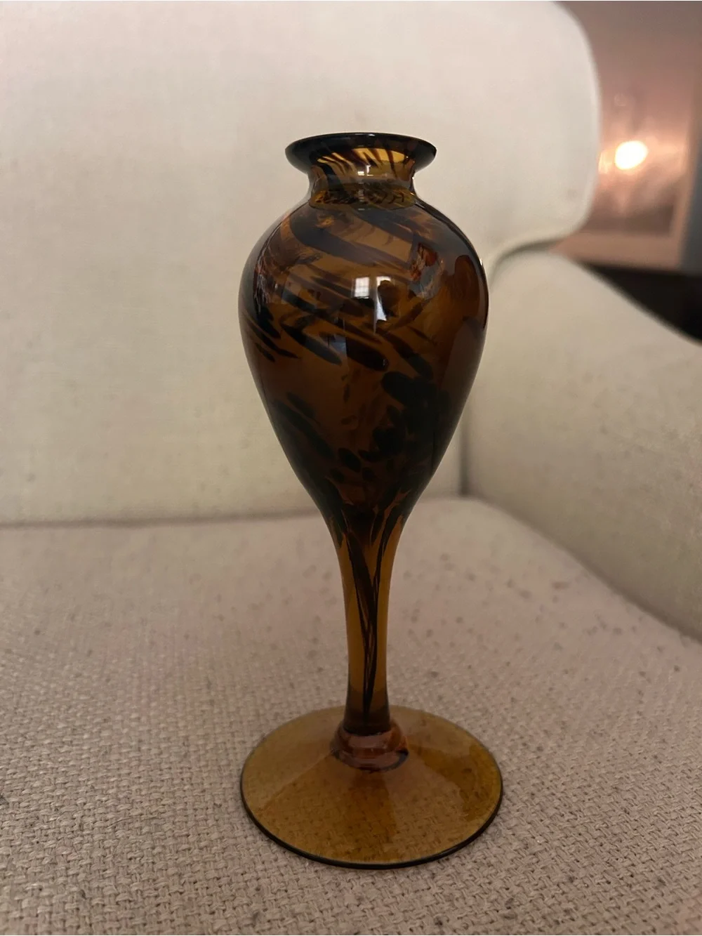 Vintage Hand-Blown Art Glass Amber Bud Vase Swirl Pattern Tortoiseshell Decor